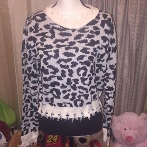 Fringed Animal Print Crop Sweater